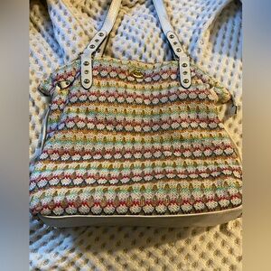 Juicy Couture Crochet Shoulder Bag Purse Tote White Rainbow Colorful Straw.